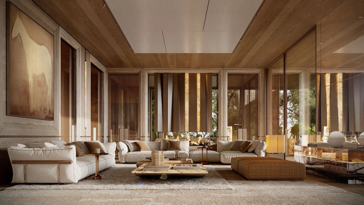 Warm wood paneled living room with a wood ceiling and neutral upholstered sofas in a LUXOM Coconut Grove residence