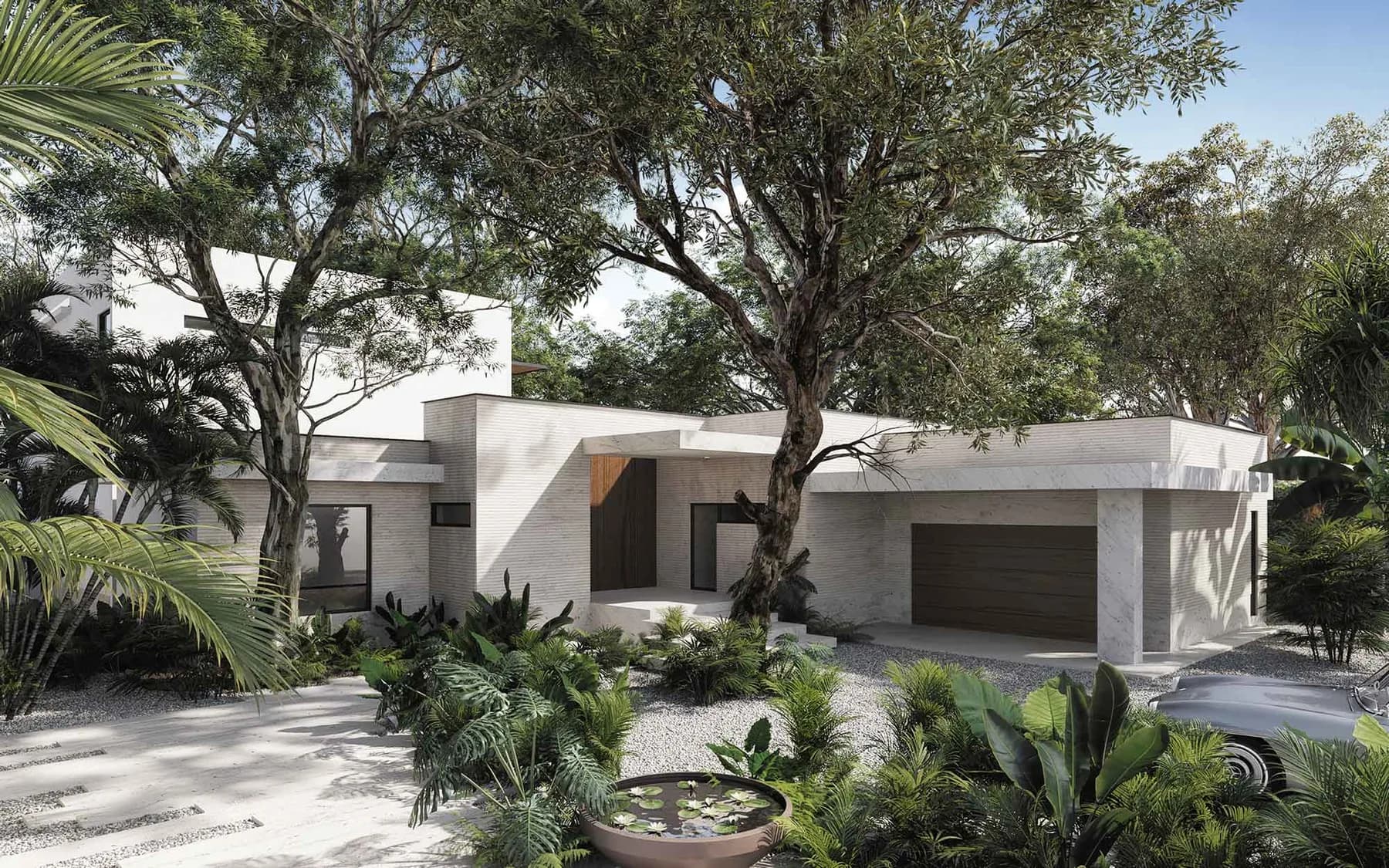 Exterior of the Emathla residence by LUXOM in Miami, a soft matte facade set among trees