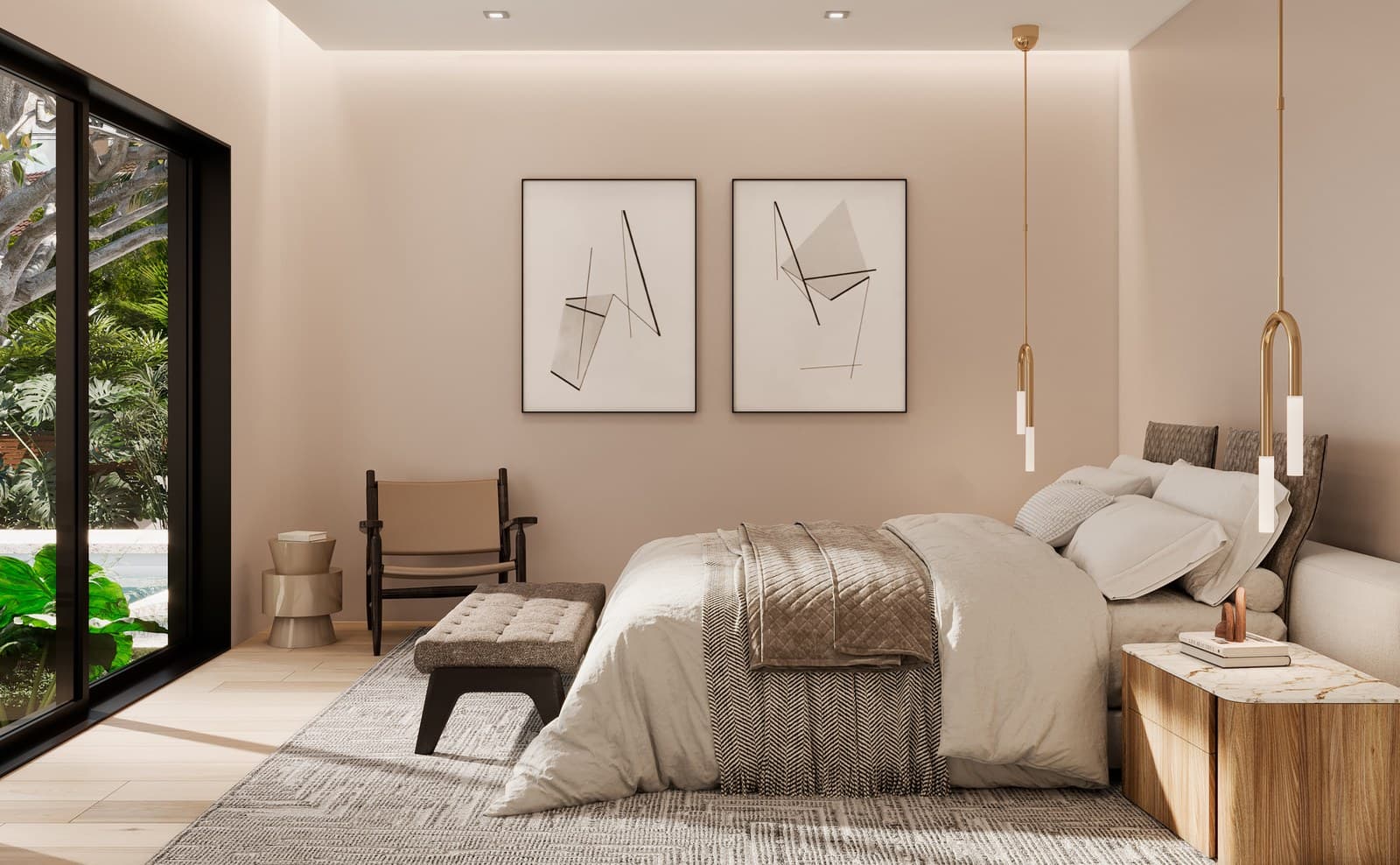Master bedroom in a restrained, warm neutral palette in the Samana residence by LUXOM — quiet luxury built to last
