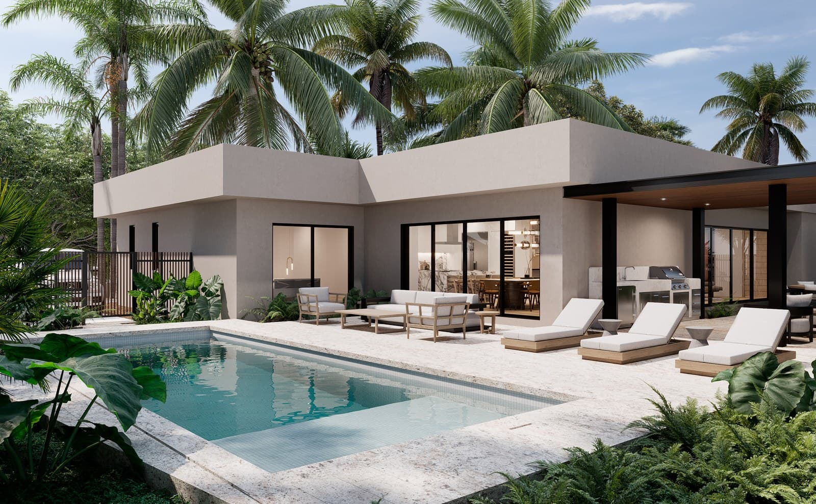Pool and rear elevation of a LUXOM residence in Coconut Grove, Miami, framed by tropical planting